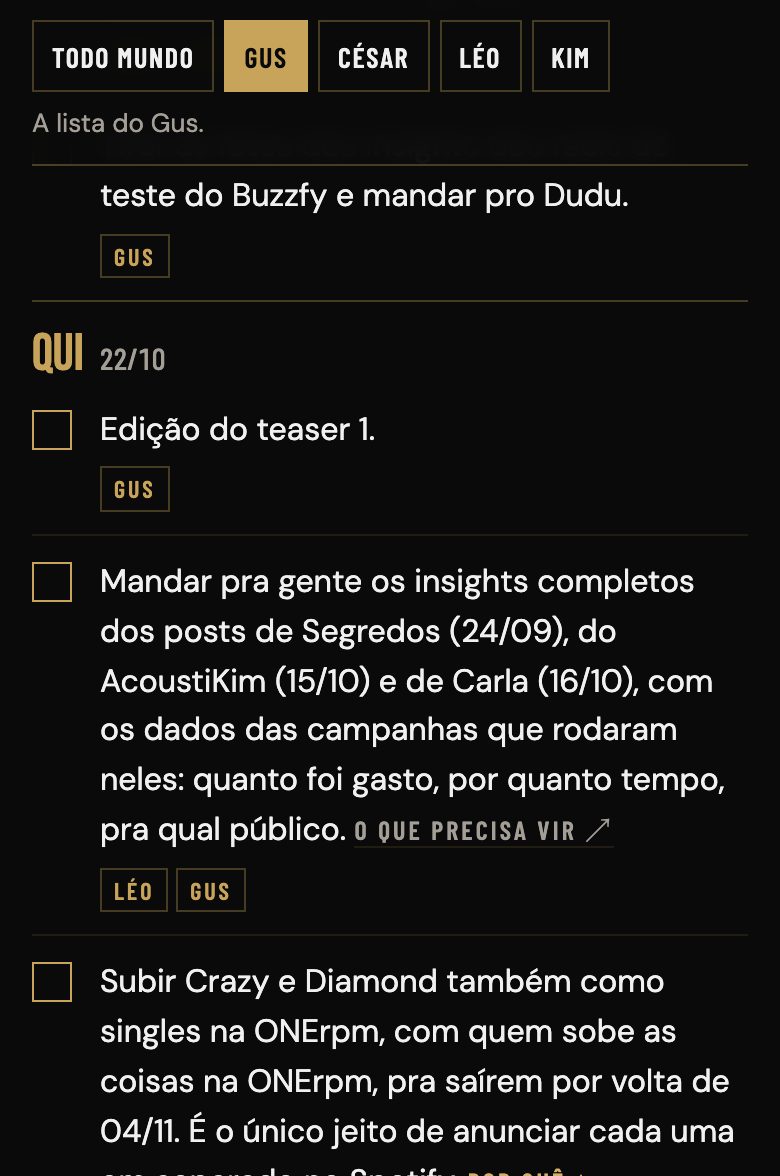 Manual de execução do Kim Lírio na lista do Gus: as tarefas de quinta, 22/10, com caixinhas e o nome de quem faz